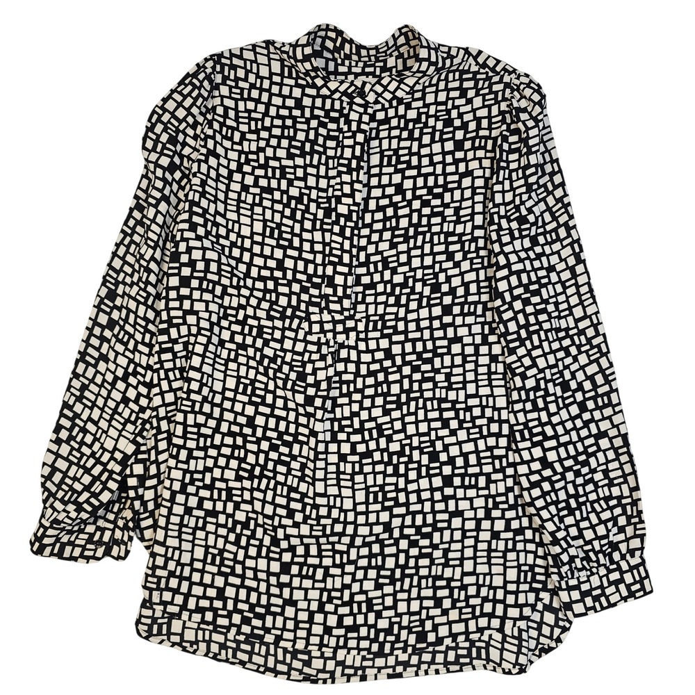 Anne Klein Womens M Black White Geometric Mosaic Print Band Collar Blouse Top